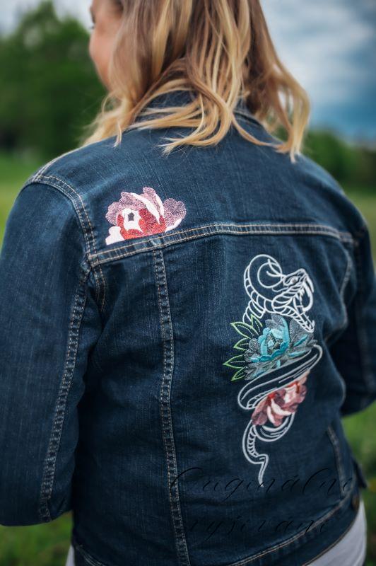 Džínová bunda - tmavě modrá s výšivkou - had